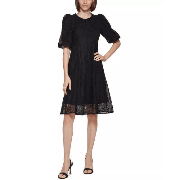 Calvin Klein Women's Balloon-Sleeve Lace Fit & Flare Dress - Black 8 - Picture 1 of 4